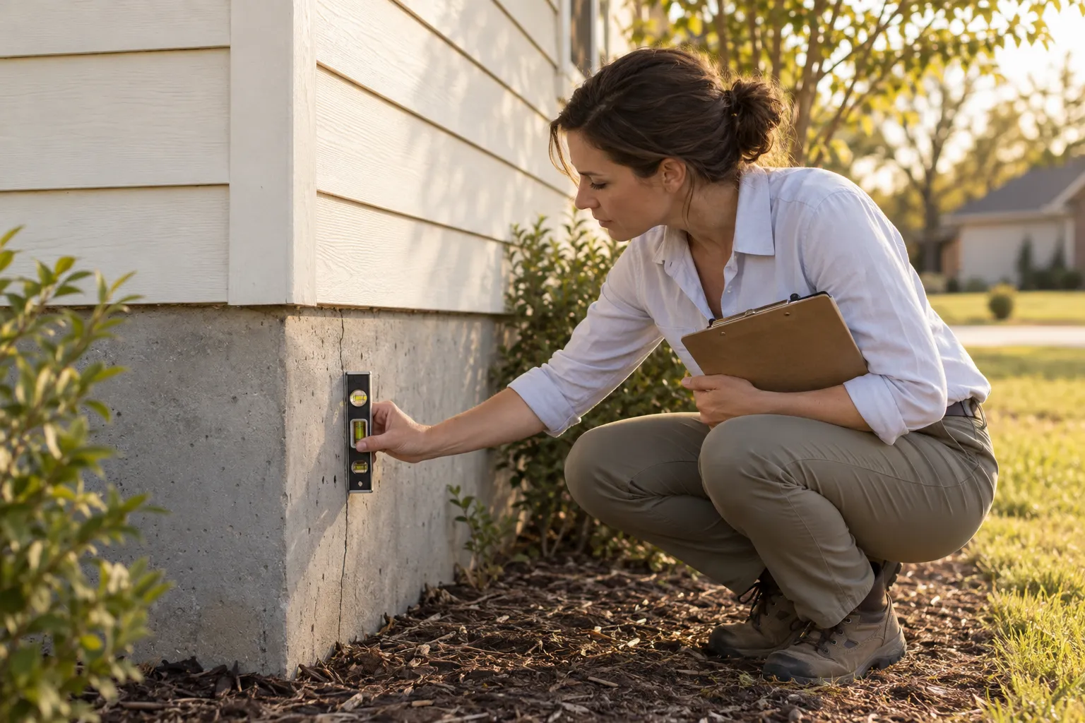 An independent structural engineer crouches alone at the corner of a house, holding a level against the concrete foundation to check a hairline crack, a clipboard under her arm and no repair crew present.